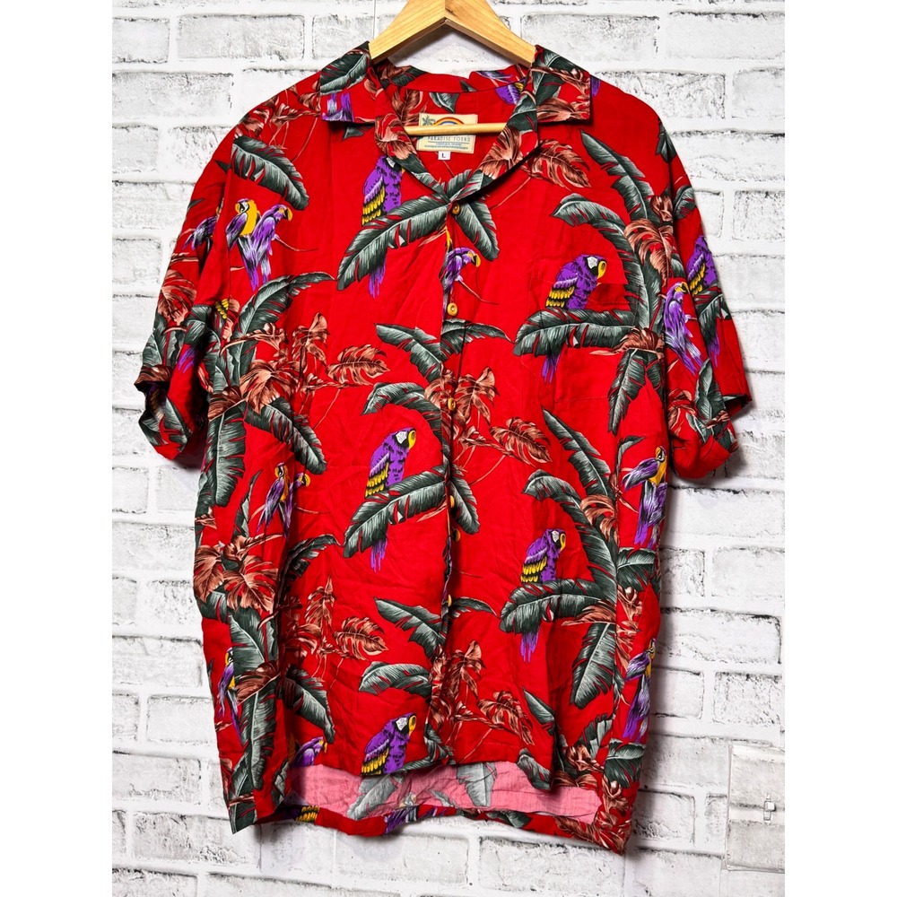 Paradise Found Mens Red Tropical Parrot Hawaiian Shirt Rayon Made in Hawaii L